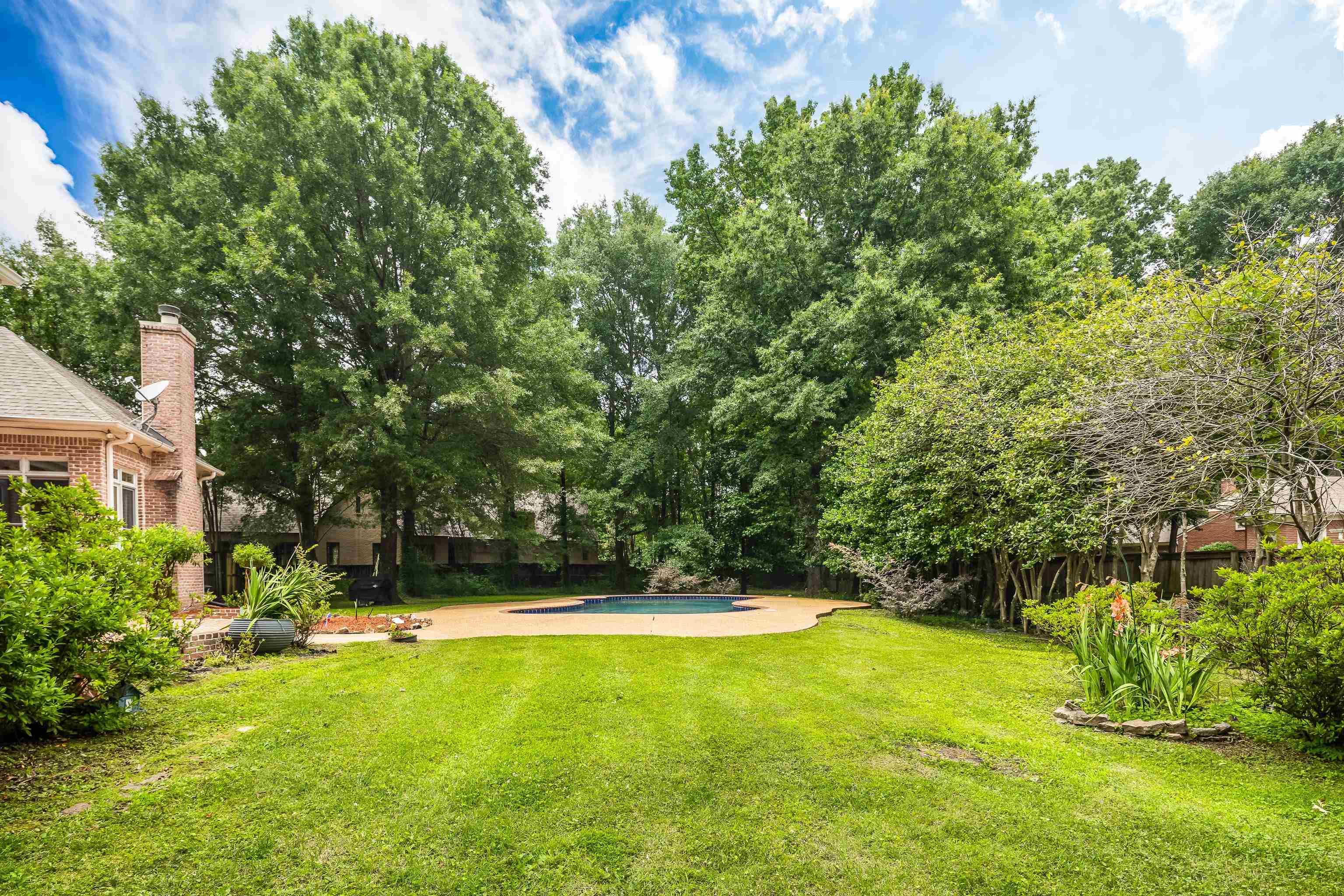 350 Bluff Ridge Cove Memphis, TN 38018 - Photo 35 of 37 Expansive backyard featuring a lush lawn, mature trees, a curvilinear swimming pool, and a brick-clad residence with a visible chimney