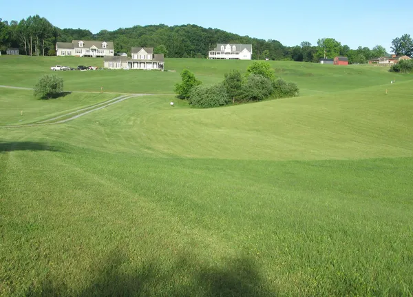 a big yard with lots of green space and mountain view in back