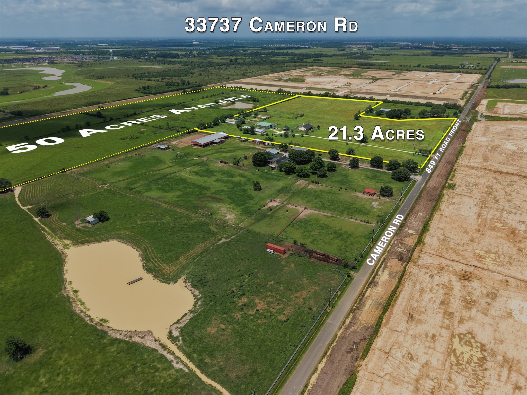 33737 Cameron Road Waller, TX 77484 - Photo 17 of 24 Expansive rural property featuring 21.3 acres with additional 50 acres available. Situated along Cameron Road, the land includes green fields, and several structures, offering ample development potential and scenic views.