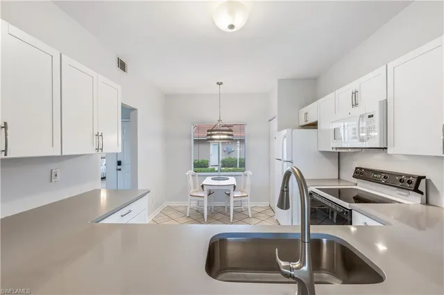 a kitchen with a sink a counter and cabinets