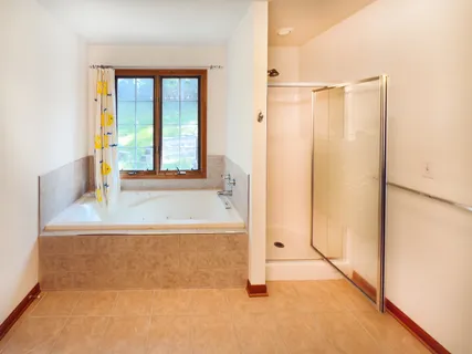 a bathroom with a bathtub and a shower