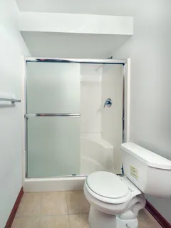a bathroom with a toilet and a shower