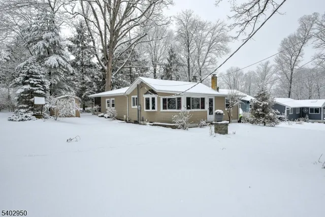 a front view of a house with a yard covered in snow