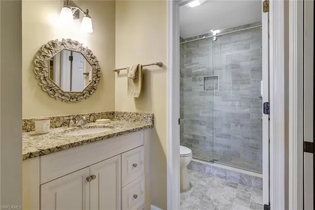 a bathroom with a granite countertop sink mirror toilet and shower