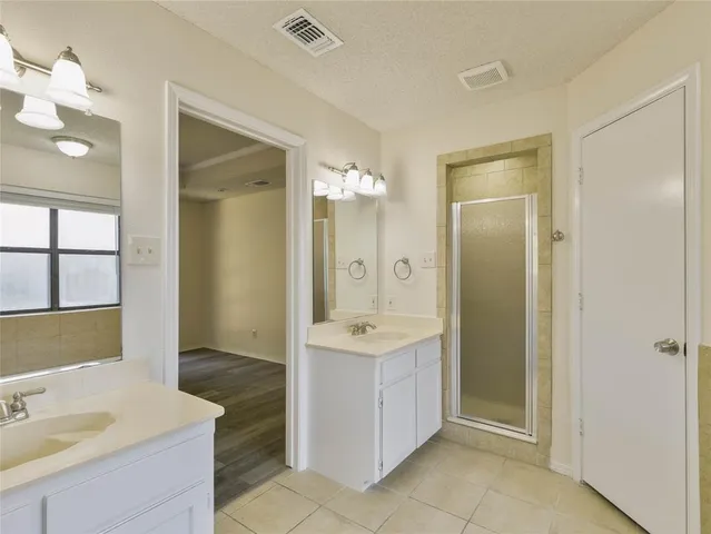 a bathroom with a sink shower and a mirror