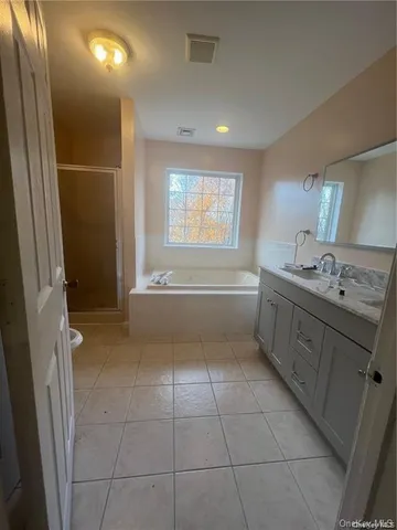 a bathroom with a bathtub sink vanity and mirror