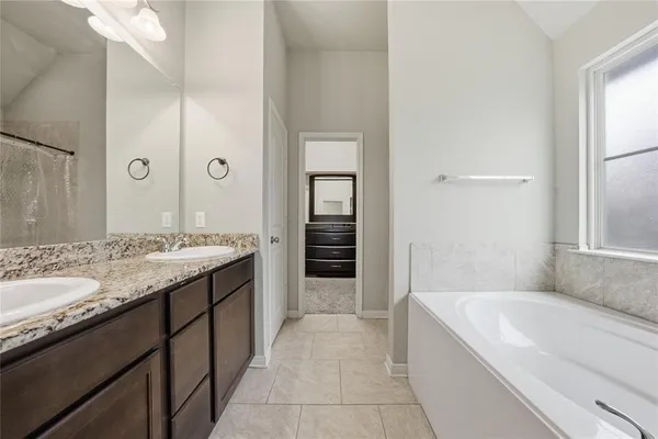 a spacious bathroom with a granite countertop tub sink and mirror