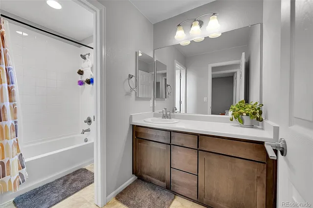 a bathroom with a shower sink and a mirror