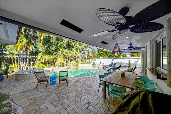a view of a patio with a dining table and chairs