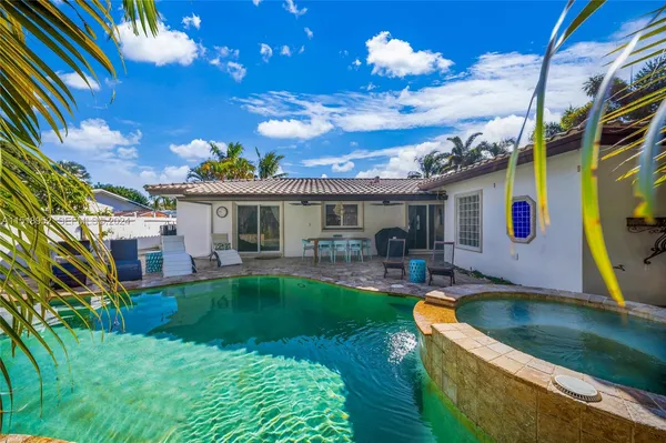 a view of a house with swimming pool yard and patio