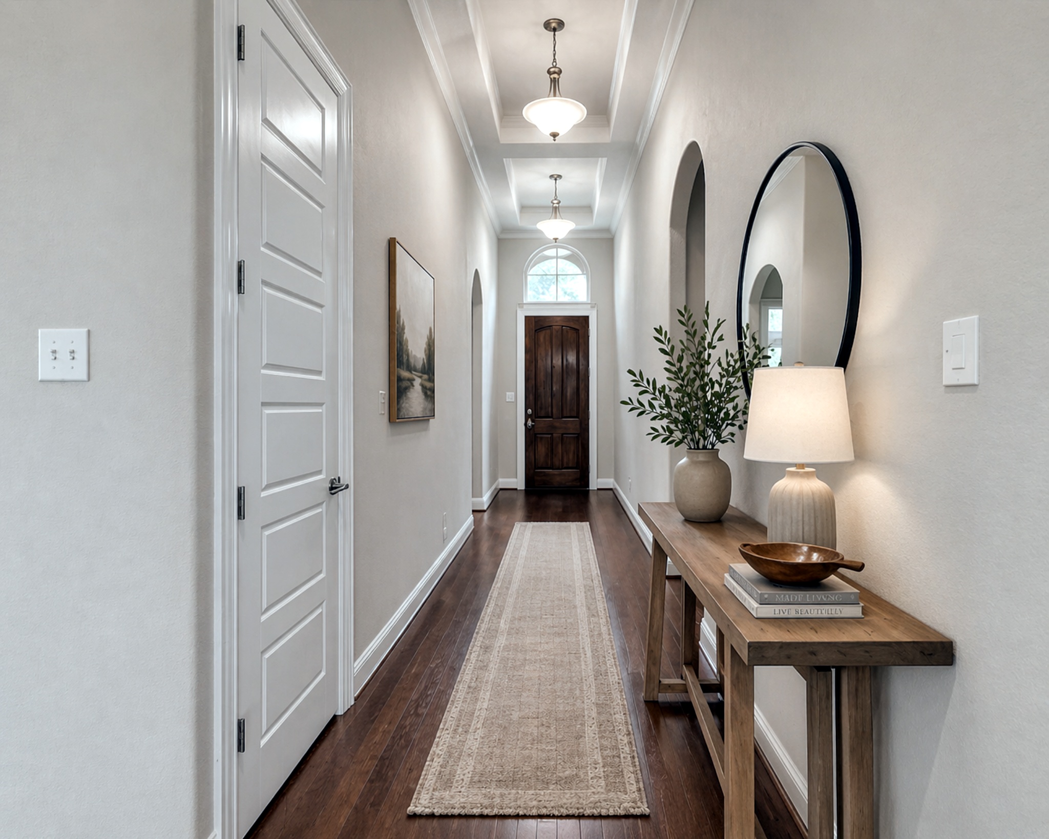 21301 Resource Road Pflugerville, TX 78660 - Photo 8 of 29 Corridor featuring wood-finish flooring, recessed tray ceiling with pendant lighting, arched entryway, and a solid wood front door with an arched transom