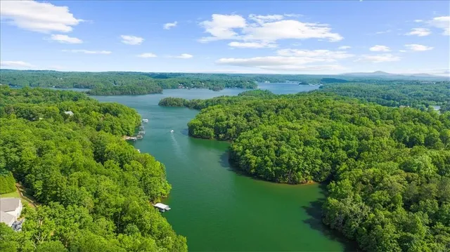 a view of a lake with a yard