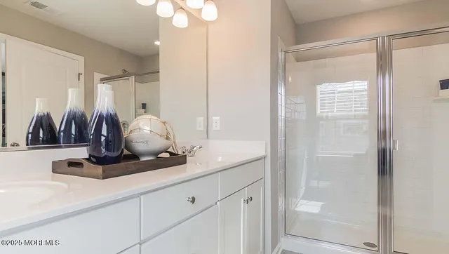 a bathroom with a double vanity sink mirror and shower