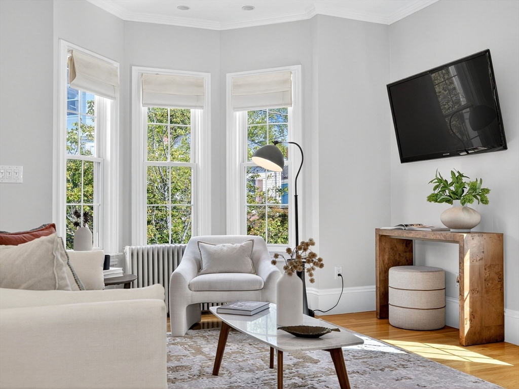 24 Evergreen Street, Unit 2 Boston, MA 02130 - Photo 3 of 31 a living room with furniture a flat screen tv and a fireplace