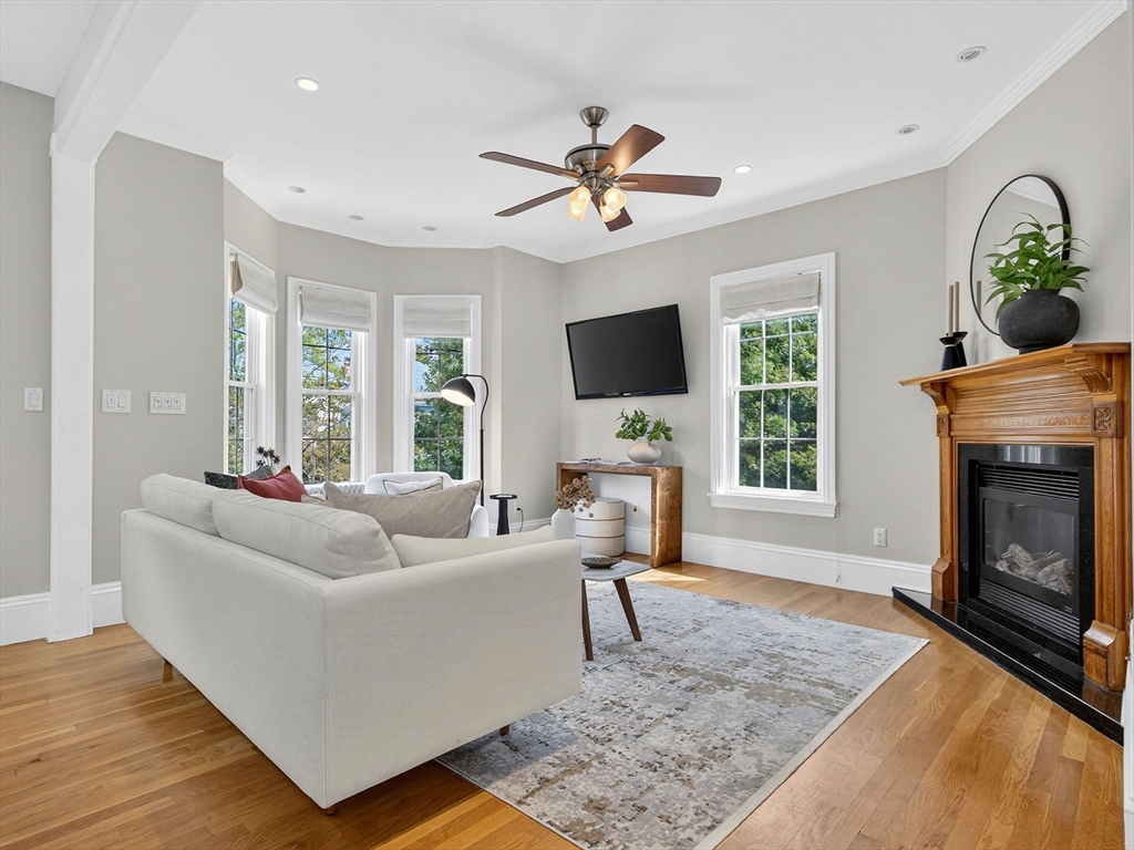 24 Evergreen Street, Unit 2 Boston, MA 02130 - Photo 5 of 31 a living room with furniture a fireplace and a flat screen tv
