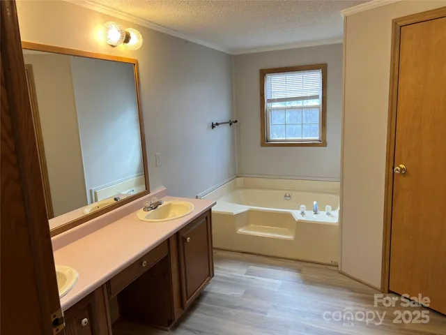 a bathroom with a tub sink and mirror