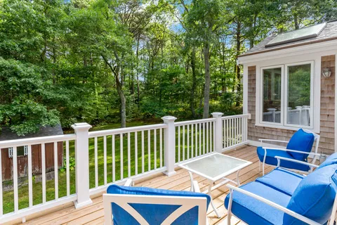 a backyard of a house with large trees and plants