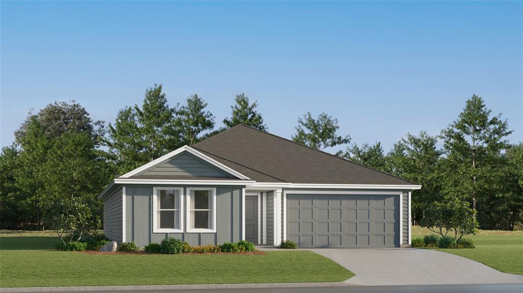 Single-story residence featuring light gray horizontal siding and board and batten accents