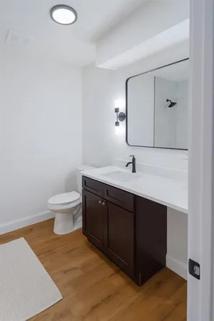 a bathroom with a sink vanity and toilet