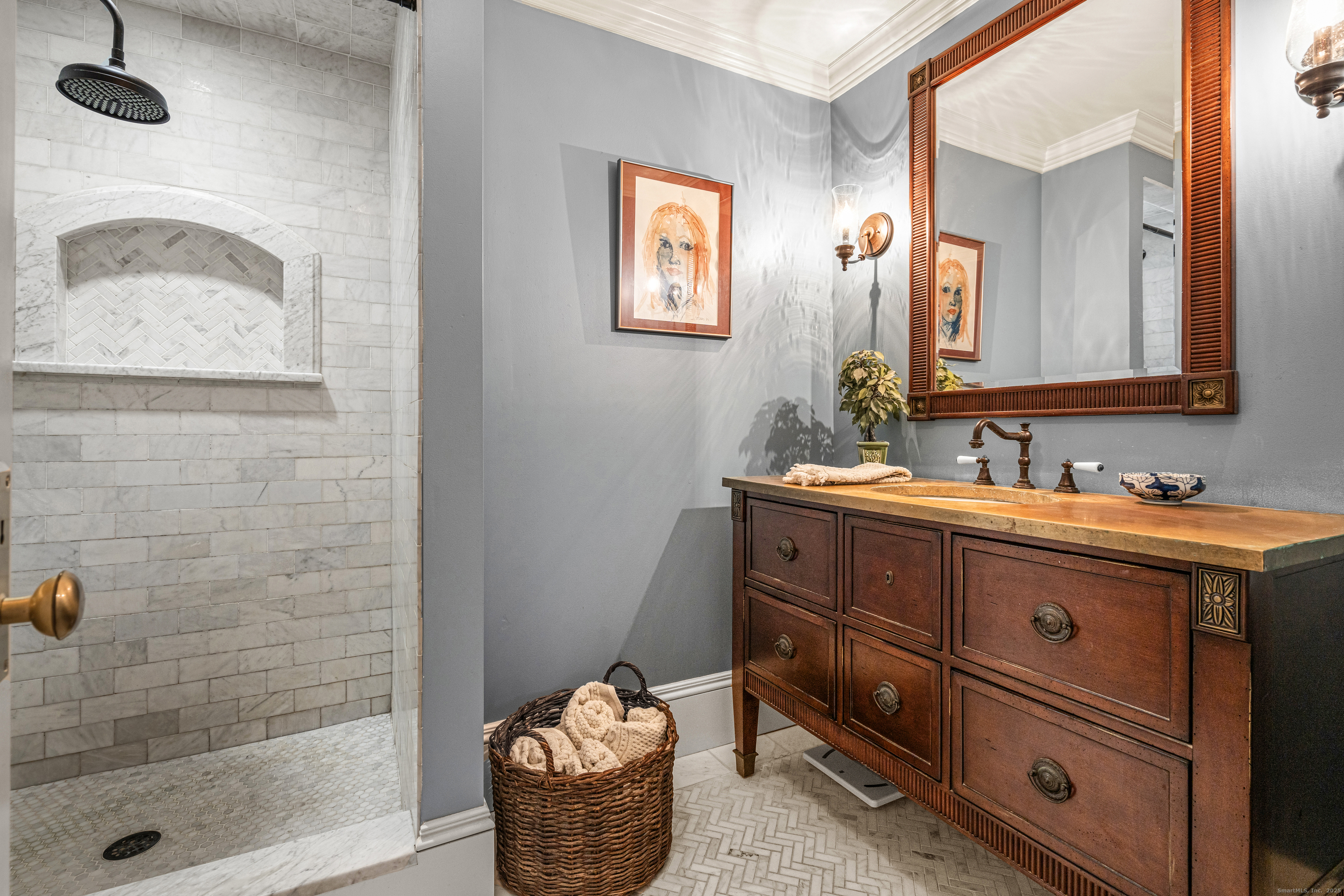 40 Plaster House Road Southbury, CT 06488 - Photo 20 of 40 a bathroom with a granite countertop sink a mirror and shower