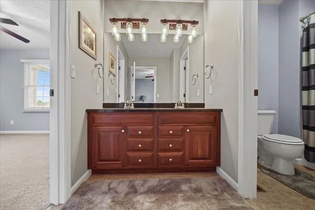 a bathroom with a granite countertop sink a toilet and a mirror