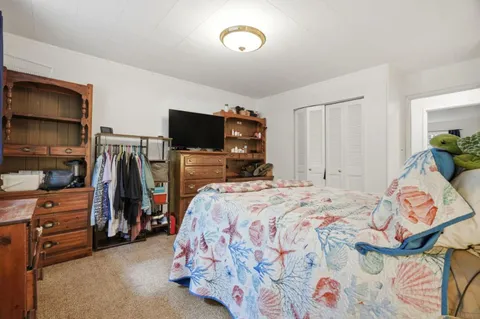 a bedroom with a bed and a flat tv screen on the dresser