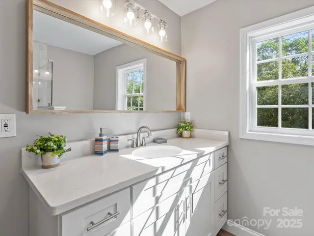a bathroom with a sink a vanity and a window