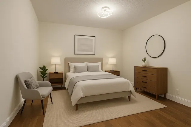 a bedroom with a bed and chair