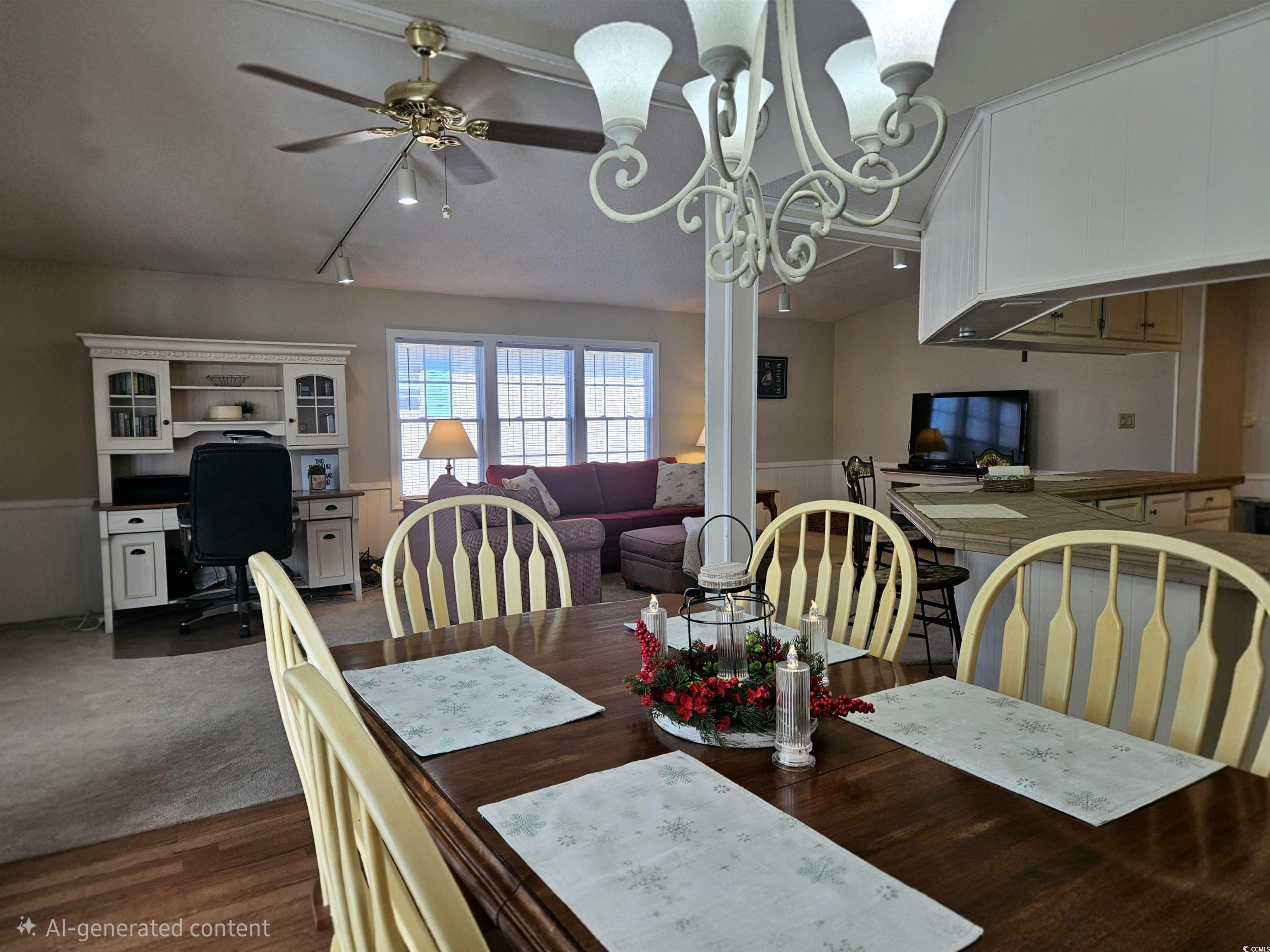 471 Meadowlark Surfside Beach, SC 29575 - Photo 4 of 40 Dining space with a wainscoted wall, a desk, a ceiling fan, and dark wood finished floors