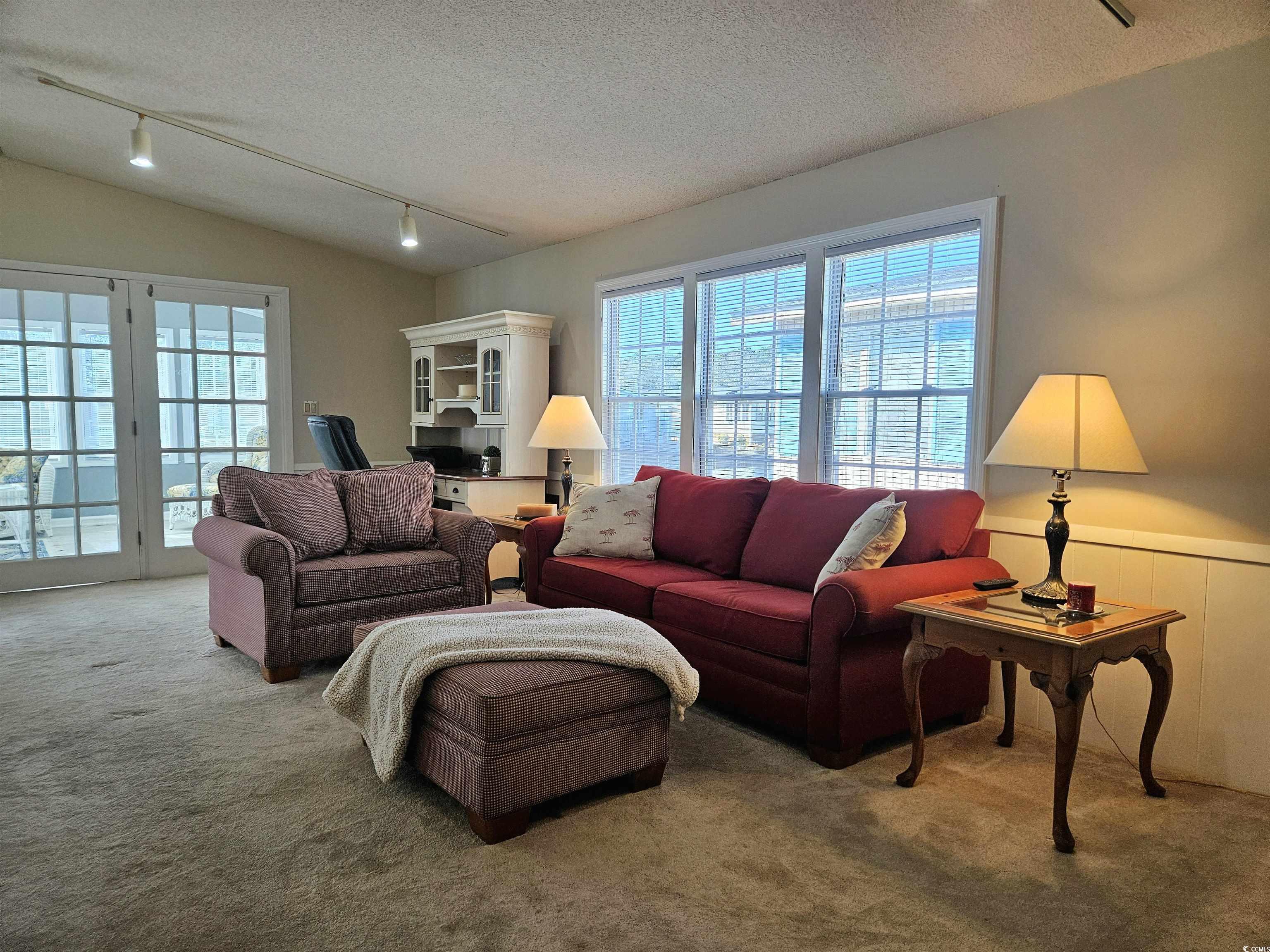 471 Meadowlark Surfside Beach, SC 29575 - Photo 9 of 40 Living area featuring rail lighting, a textured ceiling, carpet, and vaulted ceiling