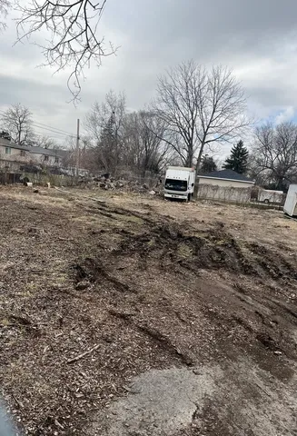 a view of a dry yard with trees and wooden fence