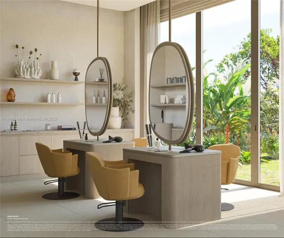 a living room with a large window and a table