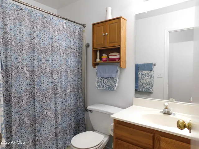 a bathroom with a sink a toilet and a curtain