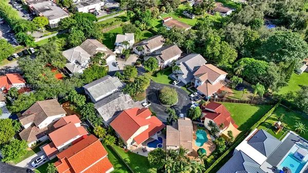 an aerial view of residential house with outdoor space and swimming pool