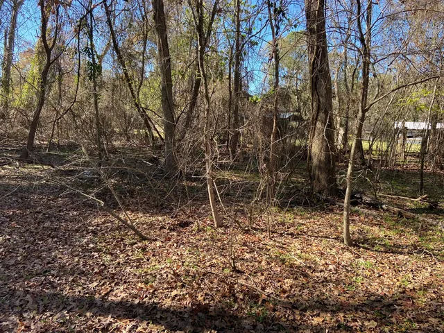a view of a yard with wooden fence