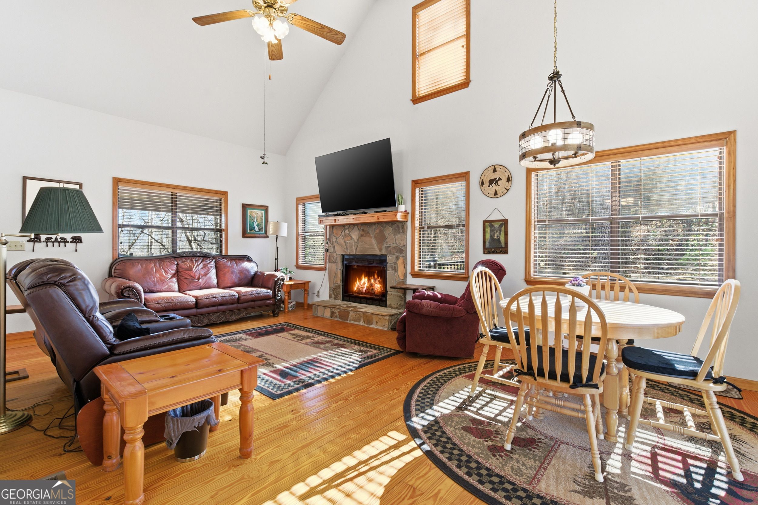 1637 Townsend Mill Road Young Harris, GA 30582 - Photo 12 of 57 a living room with furniture a flat screen tv and a fireplace
