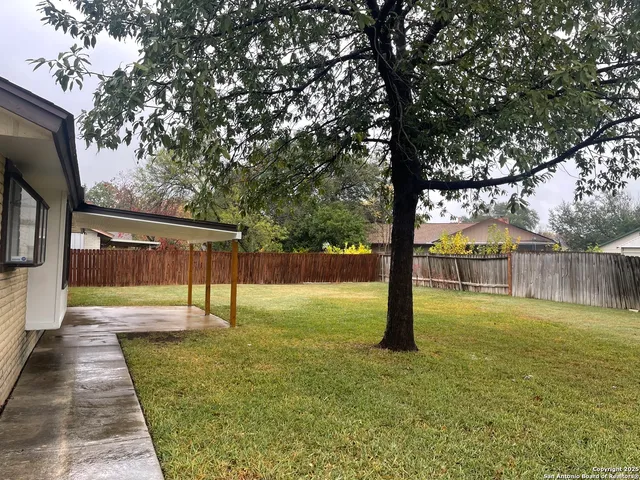 a view of a house with backyard and tree