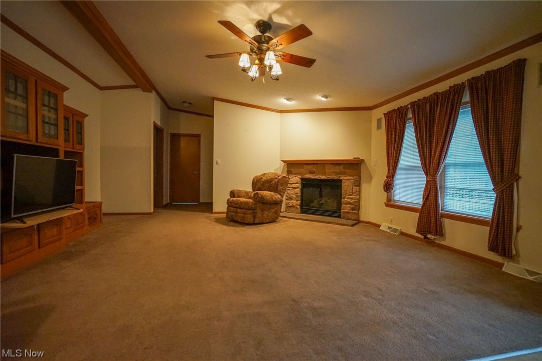 37632 Sheepskin Ridge Road Lower Salem, OH 45745 - Photo 7 of 30 Carpeted living room with ornamental molding, a fireplace, and ceiling fan