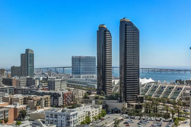 a city view with tall buildings