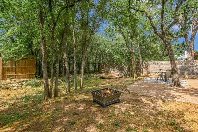 a view of a park with large trees