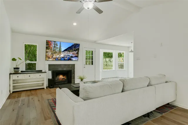 a living room with furniture and a fireplace