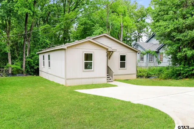 a view of a backyard with plants and large trees
