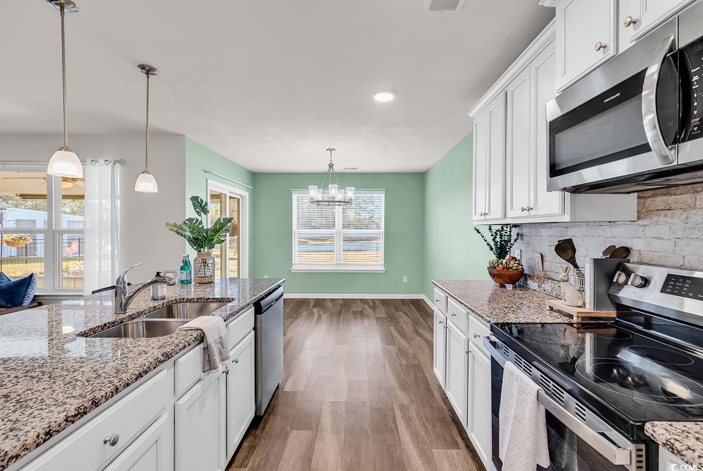 623 Burnt Ash Drive Longs, SC 29568 - Photo 7 of 35 Kitchen with stainless steel appliances, white cabinetry, dark wood-style floors, light stone counters, and recessed lighting
