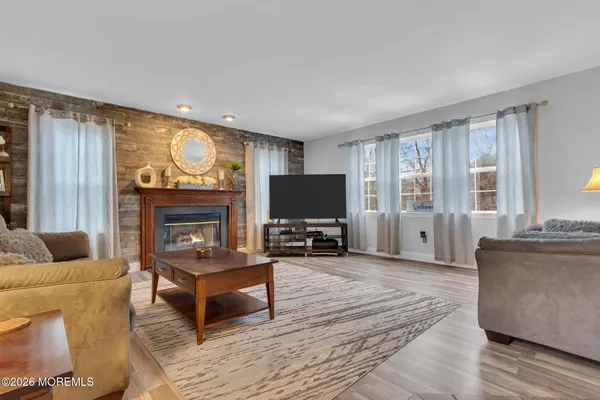 a view of a fireplace in the room