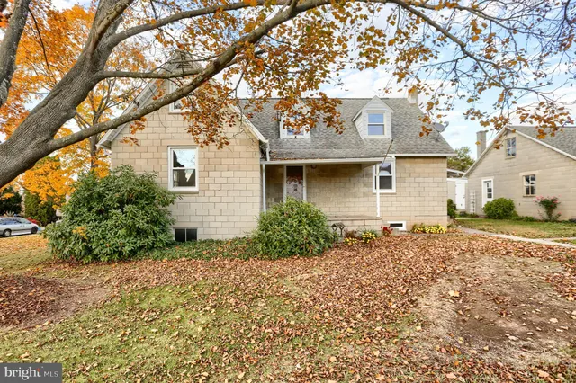 a backyard of a white house with potted plants and large tree