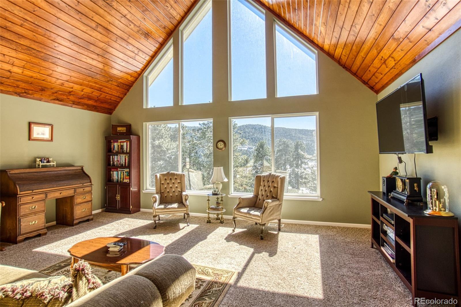 25681 Mosier Circle Conifer, CO 80433 - Photo 11 of 29 a living room with furniture a flat screen tv and a fireplace