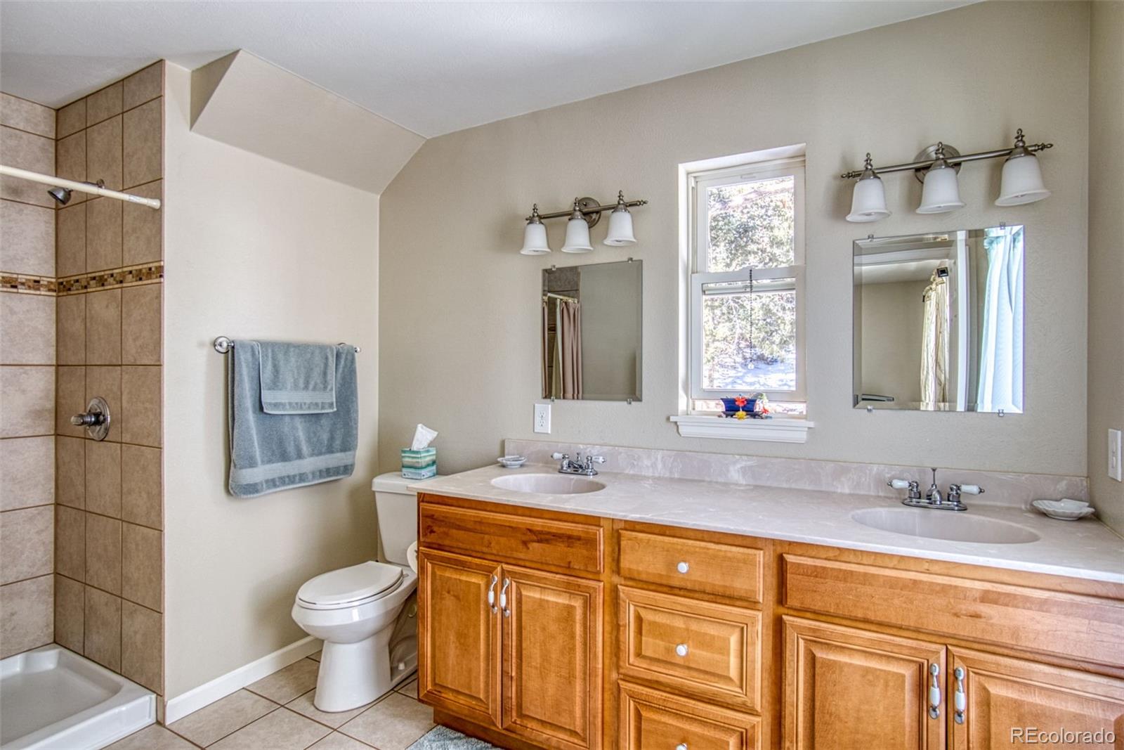 25681 Mosier Circle Conifer, CO 80433 - Photo 24 of 29 a bathroom with a granite countertop toilet sink and mirror