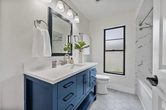 a bathroom with a sink a toilet and mirror