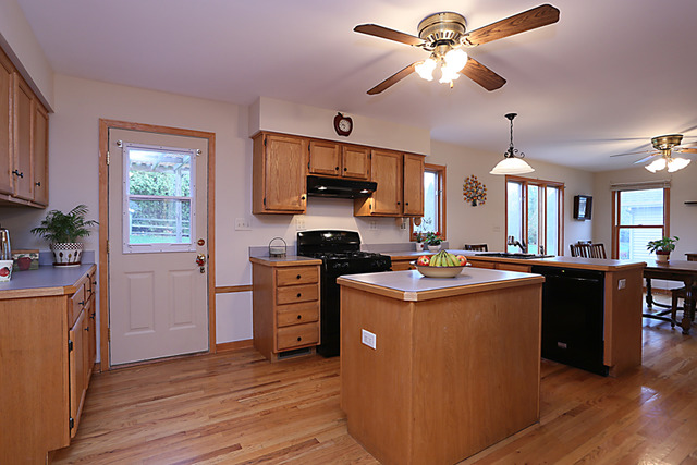 654 Ridge Drive Elburn, IL 60119 - Photo 11 of 25 a kitchen with kitchen island a counter top space appliances and a ceiling fan