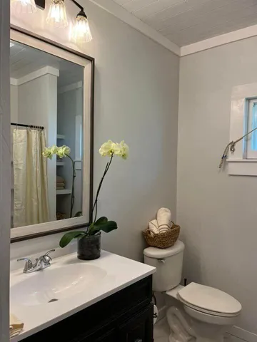 a bathroom with a sink vanity mirror and toilet